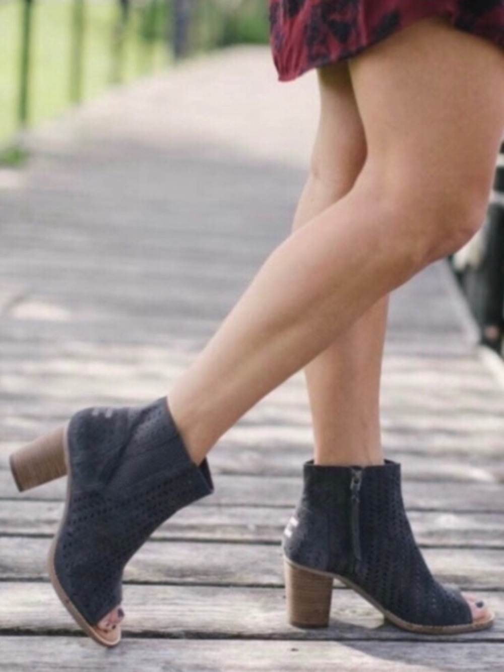 Toms | Women's Dark Grey Floral Embossed Suede Peep-Toe Heeled Ankle Boots 9.5